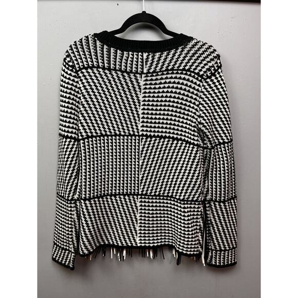 By Design Sweater Womens Small Black White Fringe Chunky Pullover Geo Casual - Picture 2 of 7